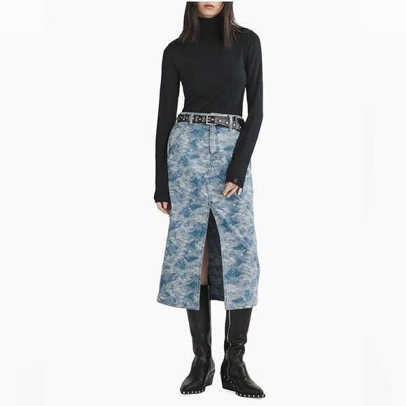 RAG & BONE Skirt Denim NWT Midi SId Jacquard Blue Size 24 XS - Picture 2 of 13